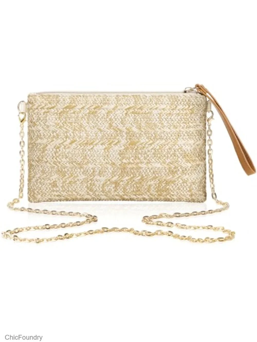Straw Clutch Purse with Chain Strap Wristlet Bohemian Handbag Beach Summer